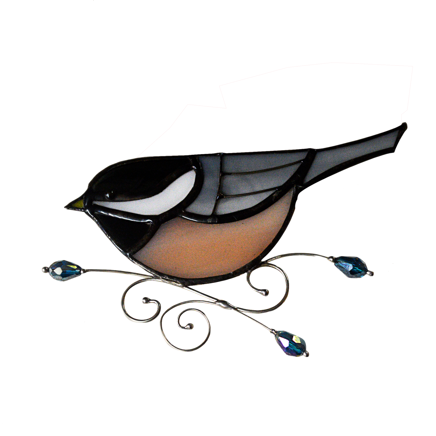This adorable chickadee stained glass suncatcher is a great for window decoration, as a gift and more! Hang it up in your window to see the full beauty of the stained glass, add it to a floral arraignment, or use it as a gift for the nature lover in your life. All stained glass is handmade by Deb's Broken glass in Bathurst NB.