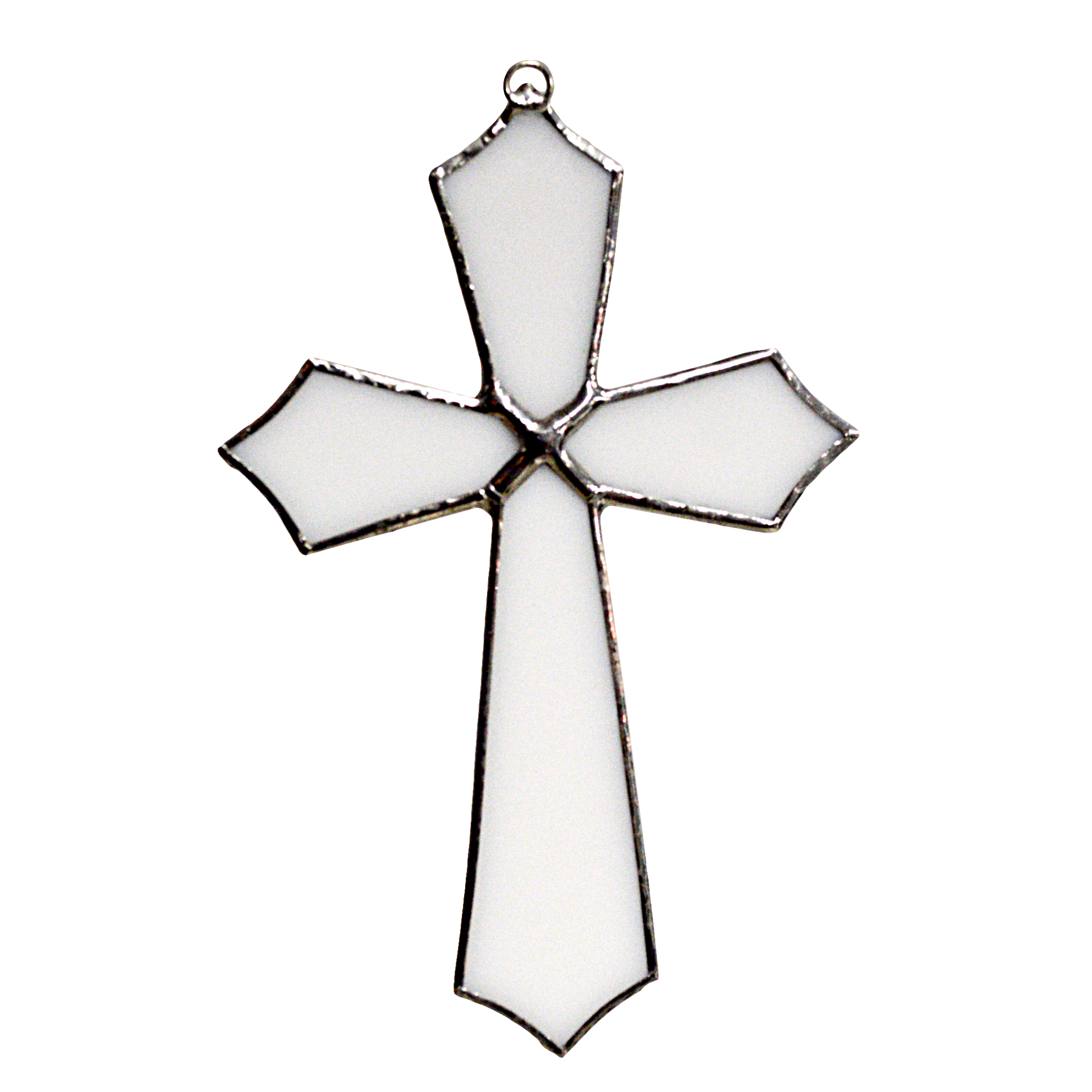 This beautiful cross suncatcher hangs perfectly in any window, and will brighten up your living space! Great for commemoration, as a communion gift, and more!  It would also make a great gift great addition to any floral arrangement!    All stained glass is handmade by Deb's Broken glass in Bathurst NB.