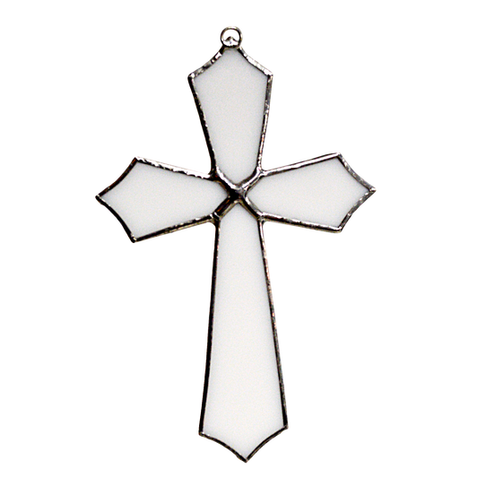 This beautiful cross suncatcher hangs perfectly in any window, and will brighten up your living space! Great for commemoration, as a communion gift, and more!  It would also make a great gift great addition to any floral arrangement!    All stained glass is handmade by Deb's Broken glass in Bathurst NB.